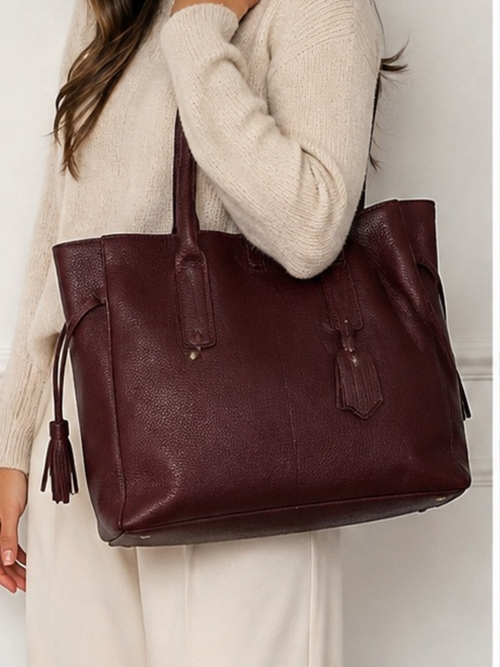 Longchamp Burgundy Pebbled Leather Large Tote Bag with Tassels